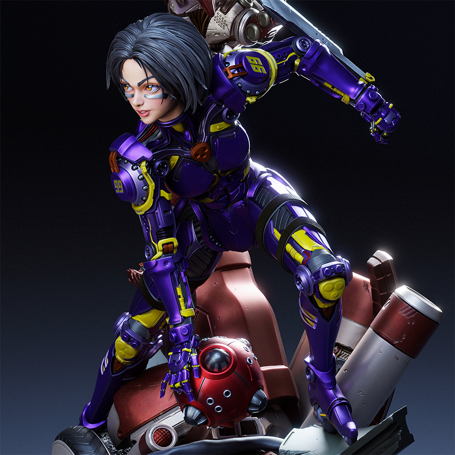Full-body resin figure of Alita in cybernetic armor and combat pose, sculpted by CA3D