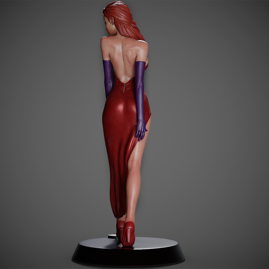 Jessica Rabbit full figure in red dress holding microphone, sculpted by CA3D