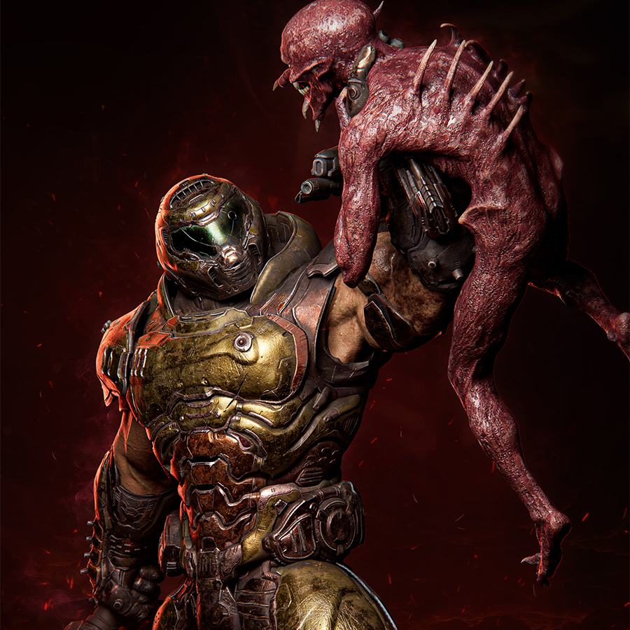 Doom resin figure holding a sword and creature above a skull-covered base