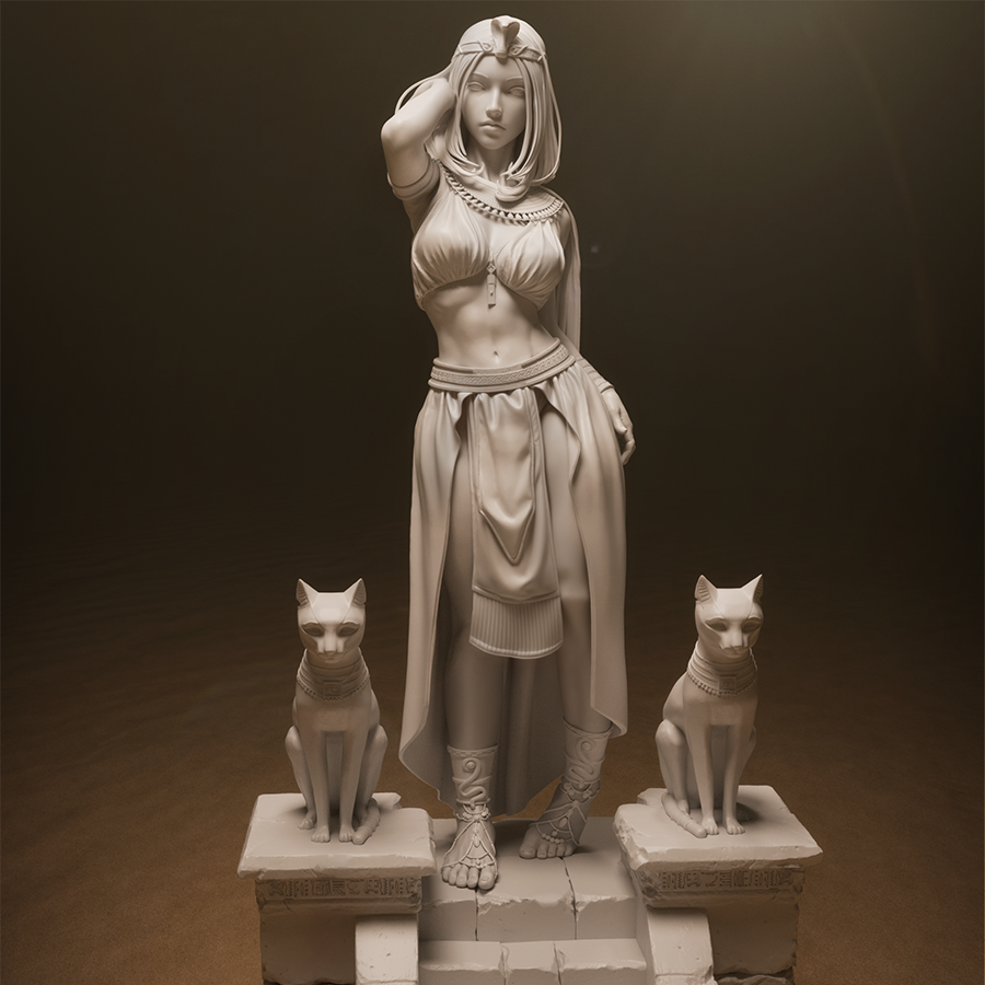 Resin figure of Cleopatra in ancient Egyptian dress, standing on themed base