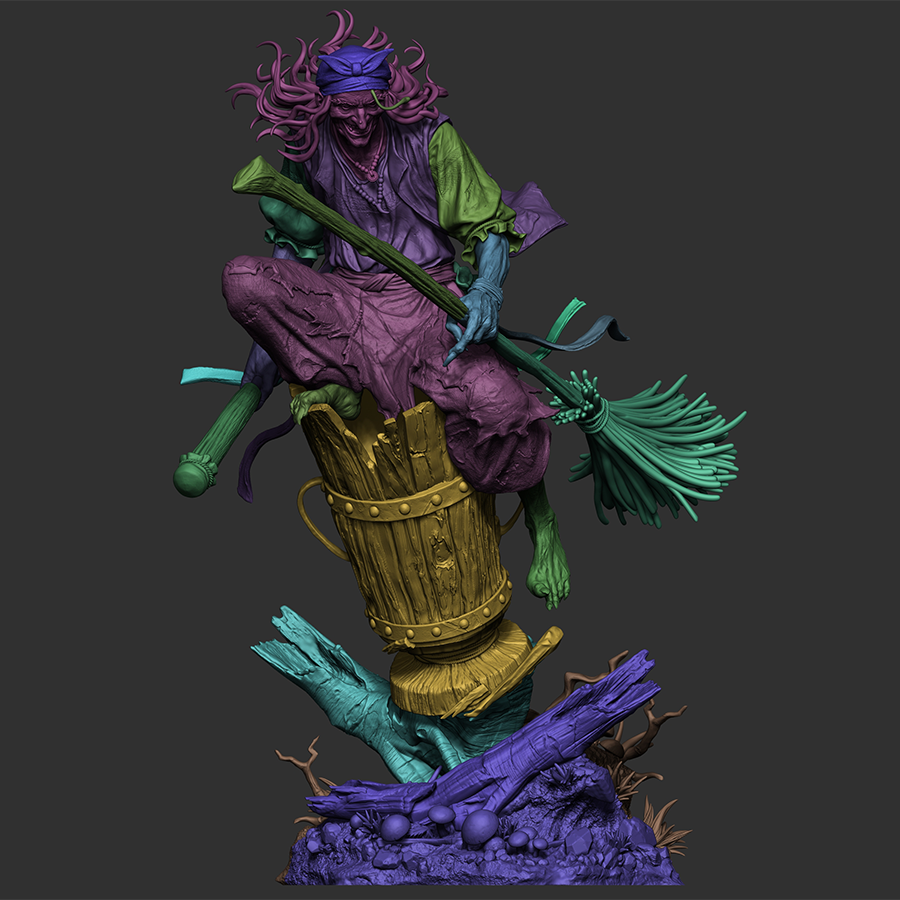 Full resin figure of Baba Yaga with wild hair and robes, standing on a folklore-themed base
