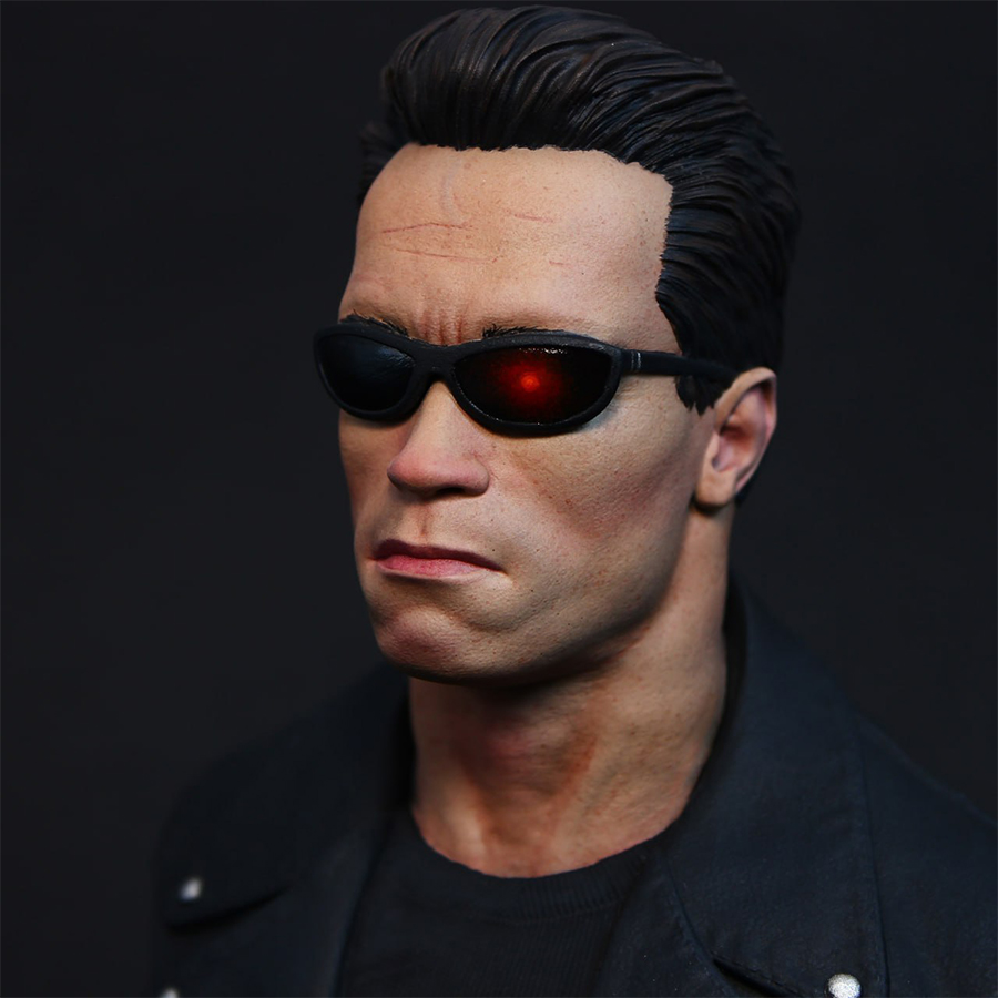 1/6 scale grey resin Terminator bust by CA3D, unpainted and unassembled, with painted sample by Joe Hudson