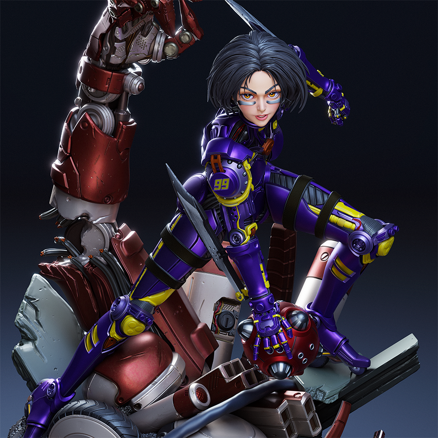 Full-body resin figure of Alita in cybernetic armor and combat pose, sculpted by CA3D