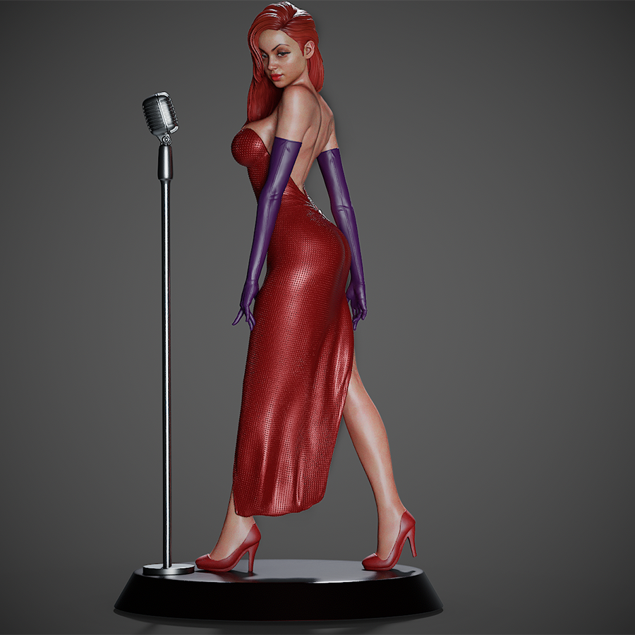 Jessica Rabbit full figure in red dress holding microphone, sculpted by CA3D
