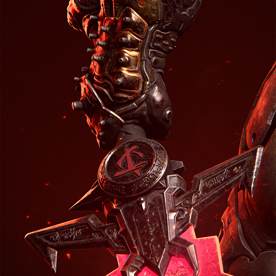 Doom resin figure holding a sword and creature above a skull-covered base