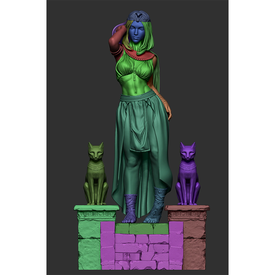 Resin figure of Cleopatra in ancient Egyptian dress, standing on themed base