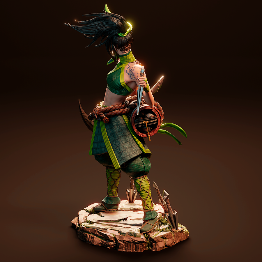 Akali full figure from League of Legends in dynamic ninja pose with dual weapons