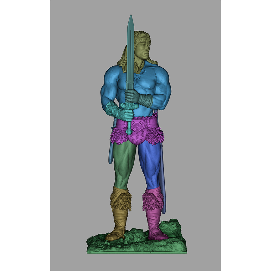 Resin figure of Conan the Barbarian holding a sword upright on a rocky base
