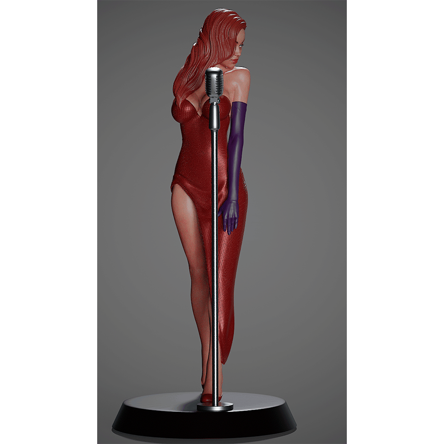 Jessica Rabbit full figure in red dress holding microphone, sculpted by CA3D