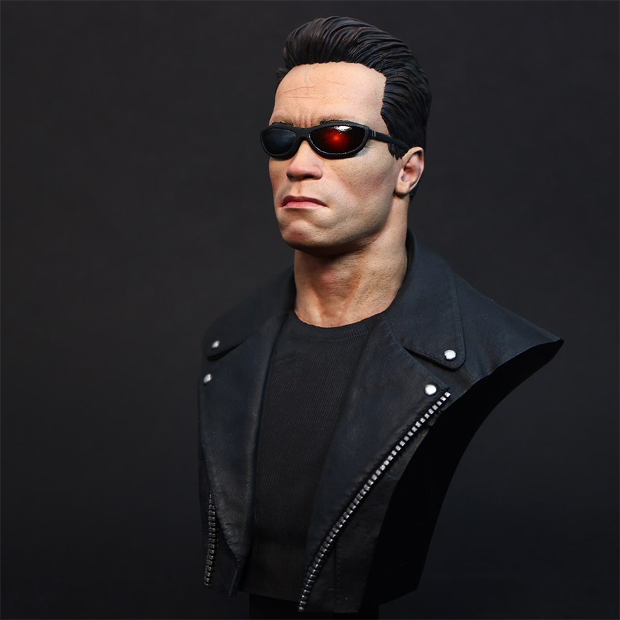 1/6 scale grey resin Terminator bust by CA3D, unpainted and unassembled, with painted sample by Joe Hudson