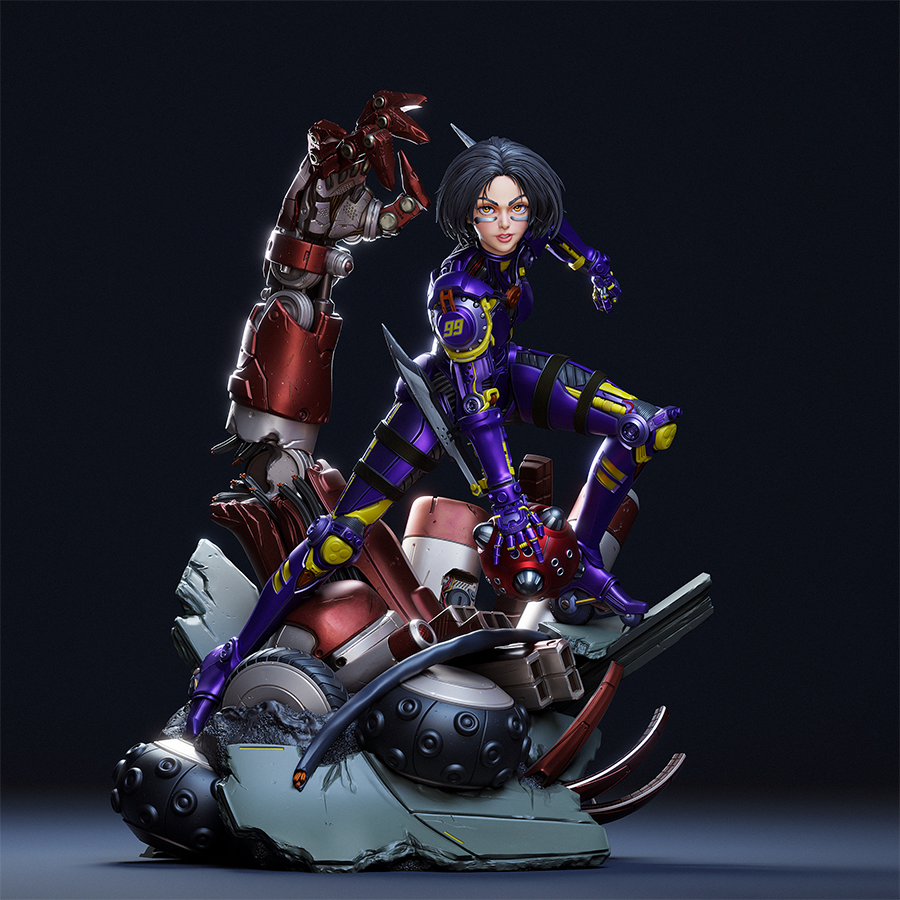 Full-body resin figure of Alita in cybernetic armor and combat pose, sculpted by CA3D