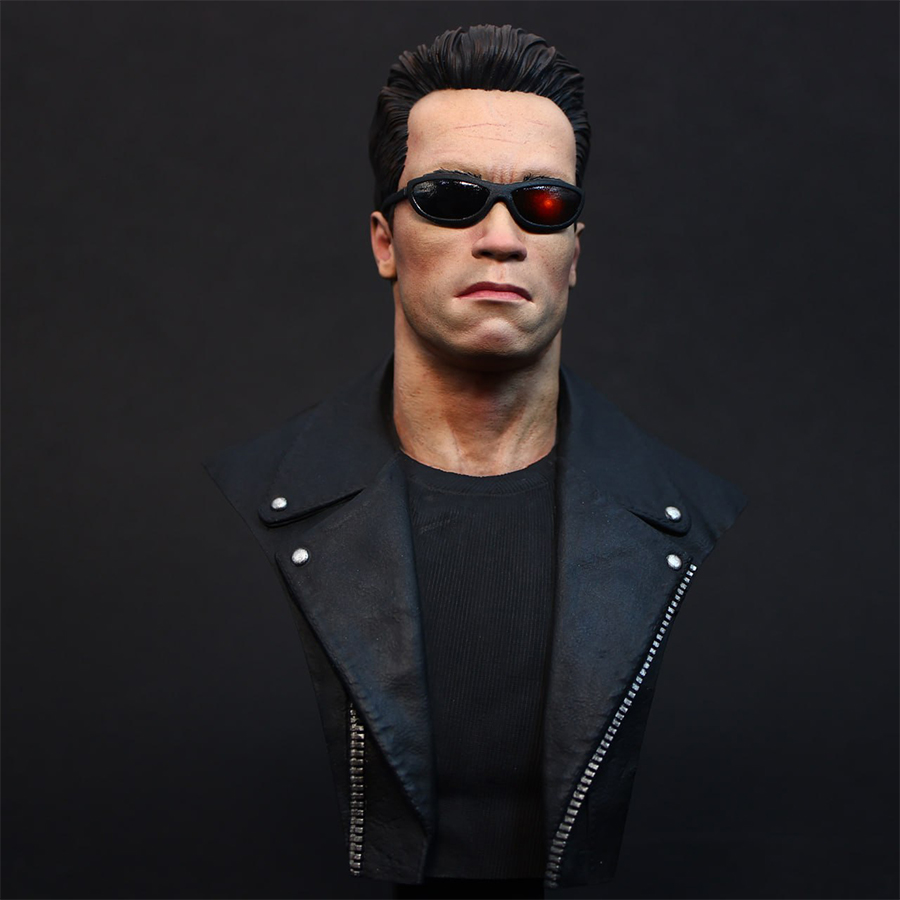 1/6 scale grey resin Terminator bust by CA3D, unpainted and unassembled, with painted sample by Joe Hudson