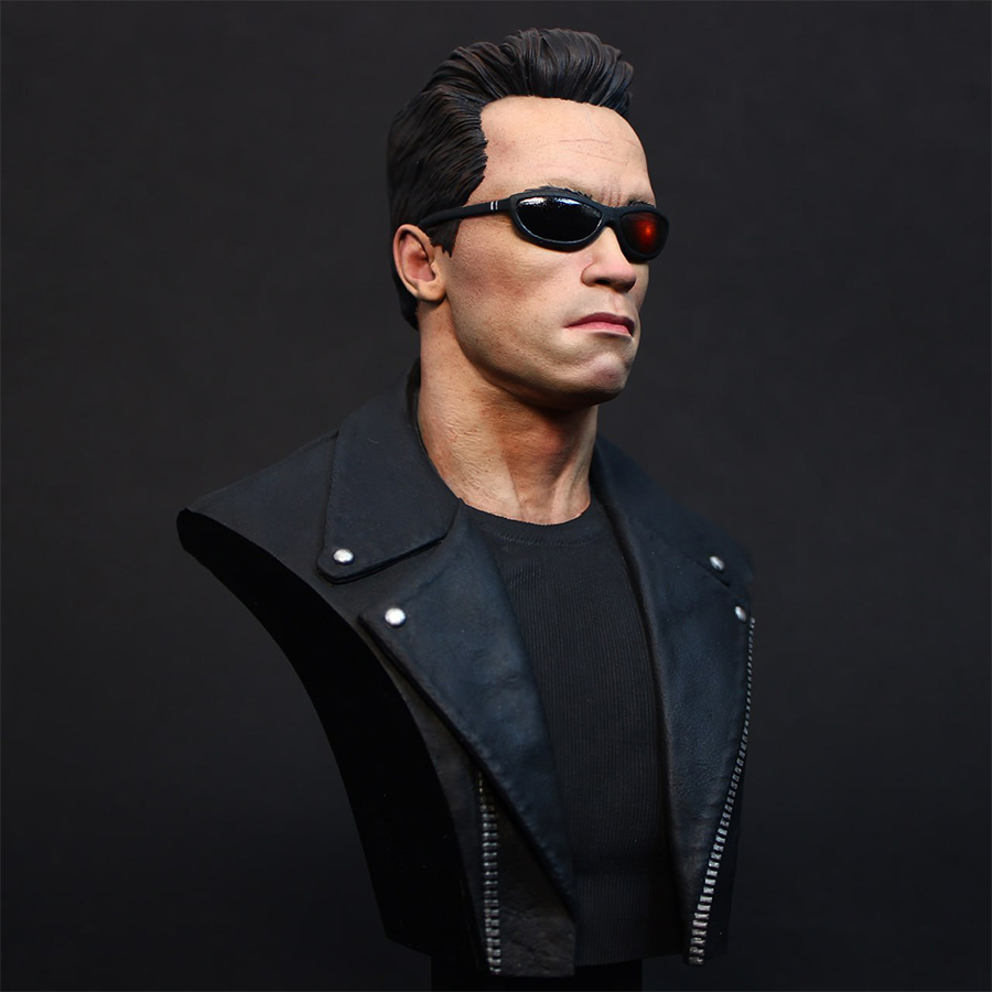 1/6 scale grey resin Terminator bust by CA3D, unpainted and unassembled, with painted sample by Joe Hudson
