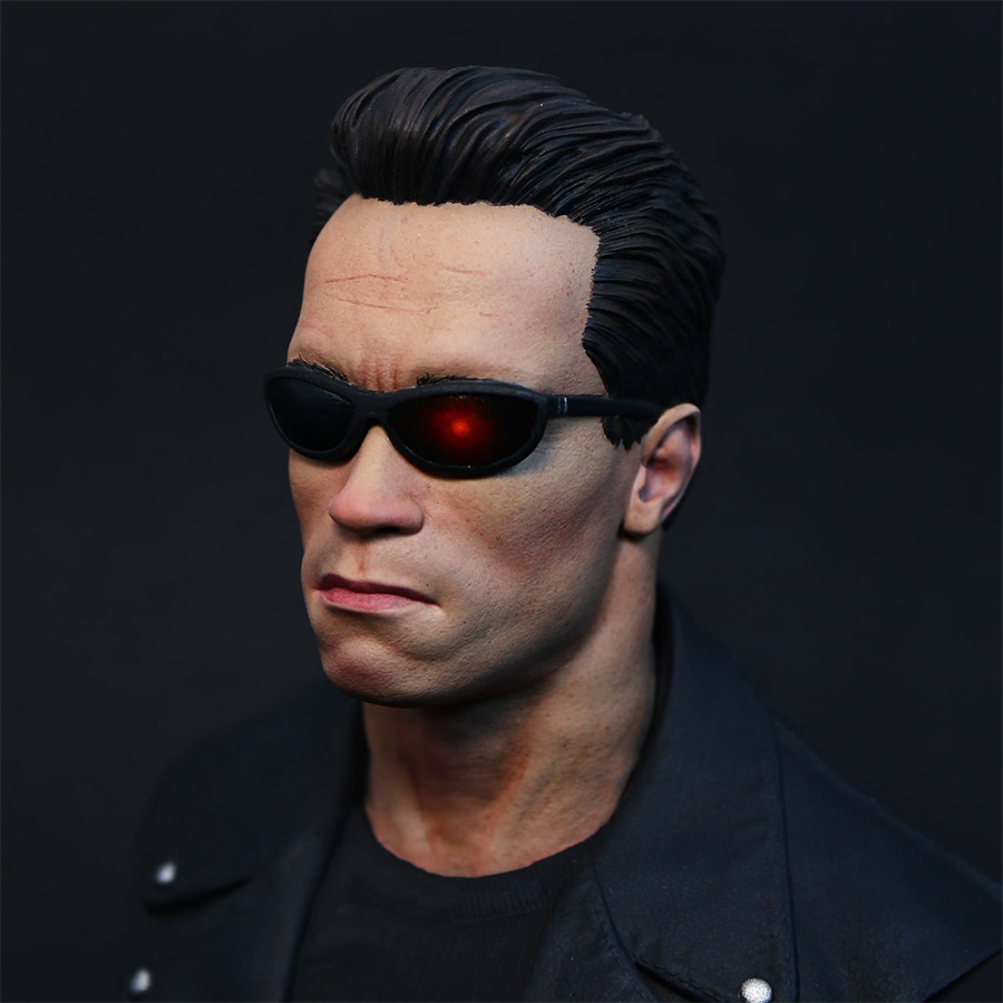 1/6 scale grey resin Terminator bust by CA3D, unpainted and unassembled, with painted sample by Joe Hudson
