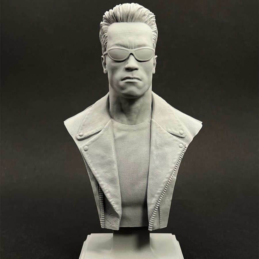 1/6 scale grey resin Terminator bust by CA3D, unpainted and unassembled, with painted sample by Joe Hudson