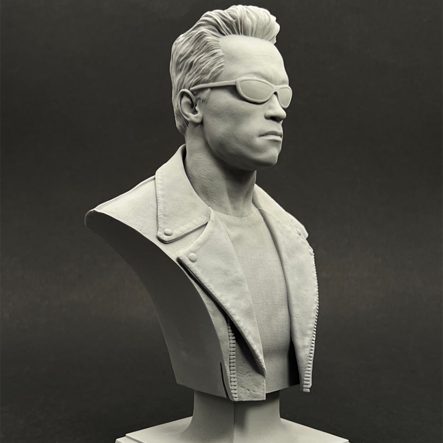 1/6 scale grey resin Terminator bust by CA3D, unpainted and unassembled, with painted sample by Joe Hudson