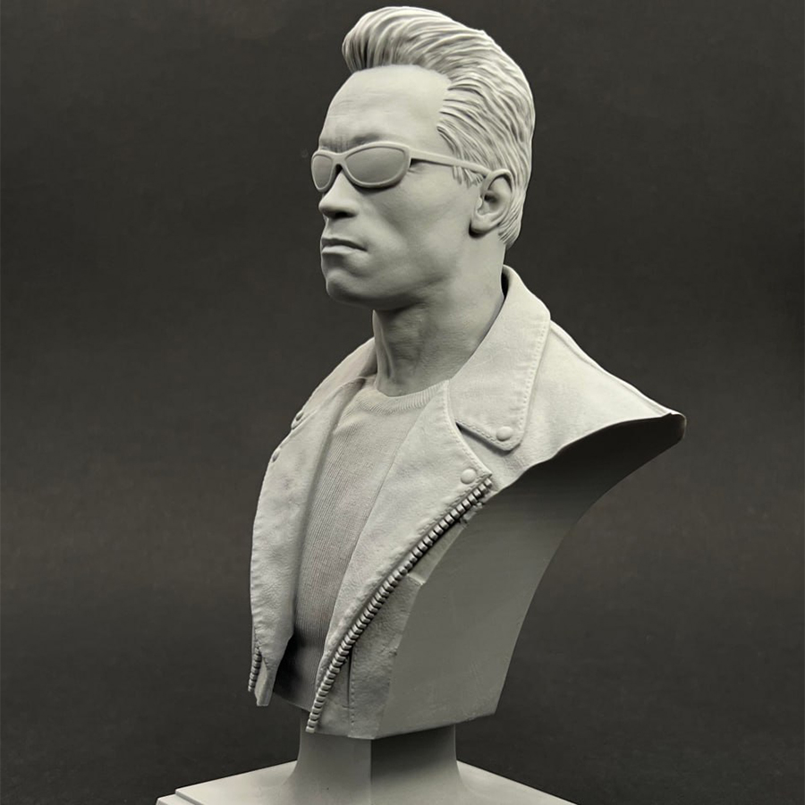 1/6 scale grey resin Terminator bust by CA3D, unpainted and unassembled, with painted sample by Joe Hudson