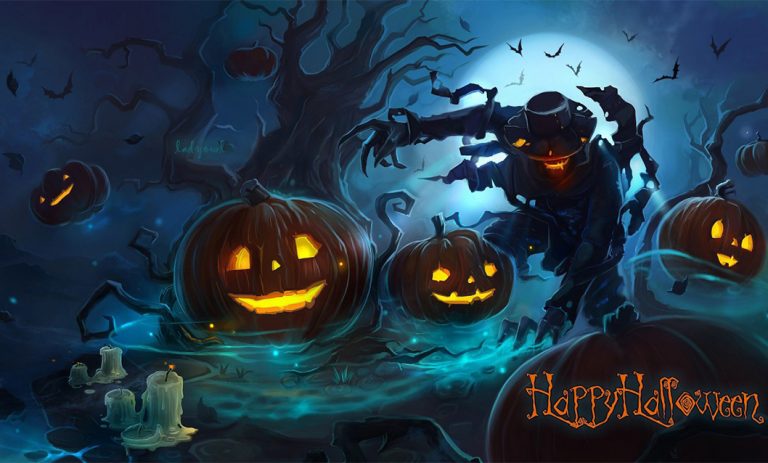 A haunted Halloween scene with glowing jack-o'-lanterns, a scarecrow with glowing eyes, eerie trees, and flying bats under a full moon — promoting the 2025 Boyd Crompton Memorial Halloween Group Build