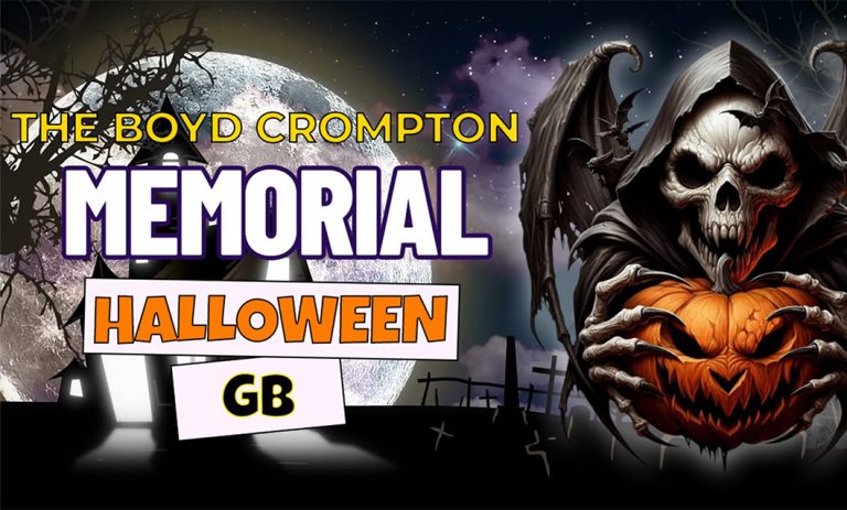 A haunted Halloween scene with glowing jack-o'-lanterns, a scarecrow with glowing eyes, eerie trees, and flying bats under a full moon — promoting the 2025 Boyd Crompton Memorial Halloween Group Build