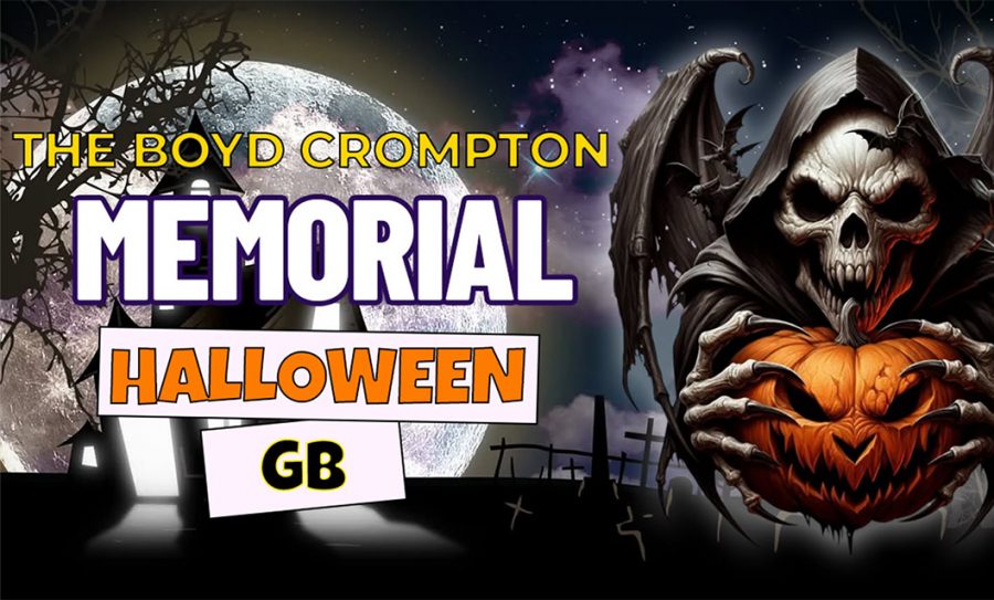 A haunted Halloween scene with glowing jack-o'-lanterns, a scarecrow with glowing eyes, eerie trees, and flying bats under a full moon — promoting the 2025 Boyd Crompton Memorial Halloween Group Build