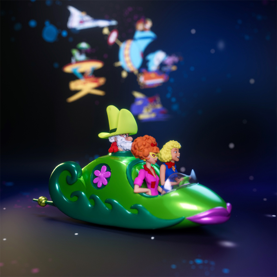 Nugget Nose, Rita, and Wendy resin figures on Flowership from Yogi’s Space Race cartoon
