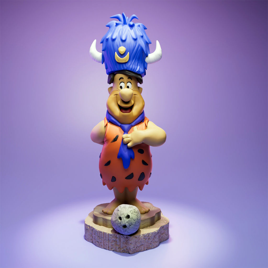 Fred Flintstone resin figure with lodge hat and bowling ball on a themed base