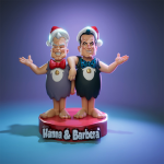 Hanna and Barbera resin figures in cartoon style wearing Christmas hats on festive base