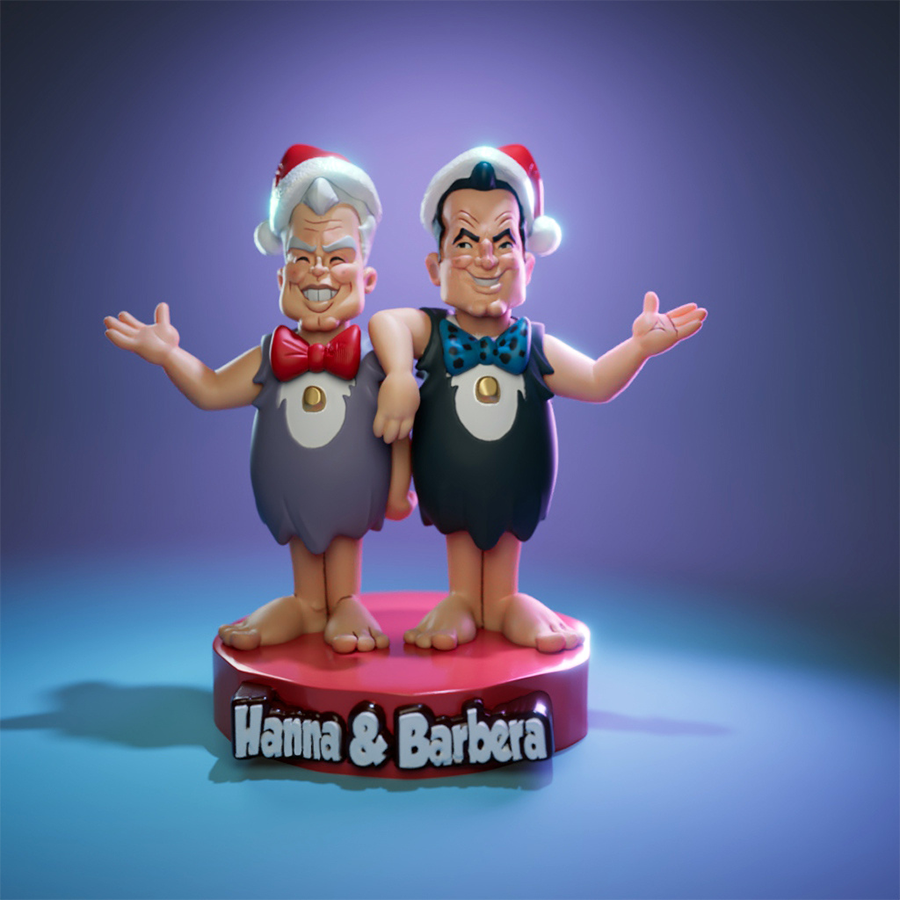 Hanna and Barbera resin figures in cartoon style wearing Christmas hats on festive base