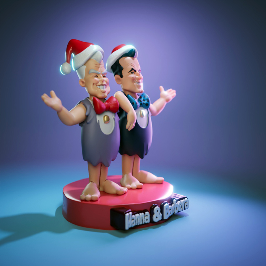 Hanna and Barbera resin figures in cartoon style wearing Christmas hats on festive base