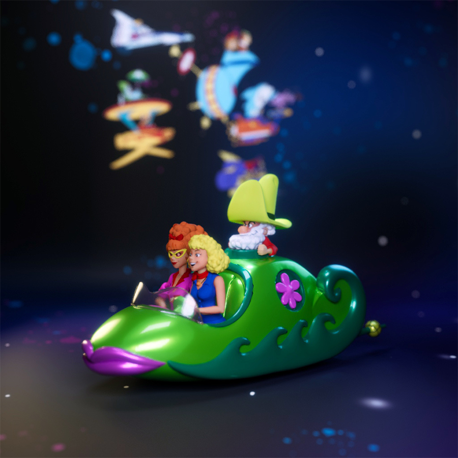 Nugget Nose, Rita, and Wendy resin figures on Flowership from Yogi’s Space Race cartoon