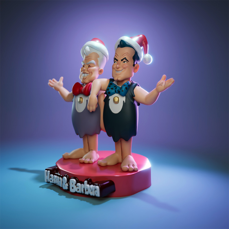 Hanna and Barbera resin figures in cartoon style wearing Christmas hats on festive base