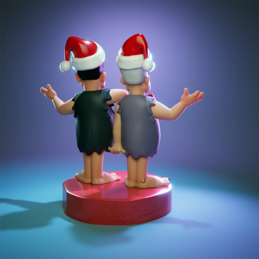 Hanna and Barbera resin figures in cartoon style wearing Christmas hats on festive base