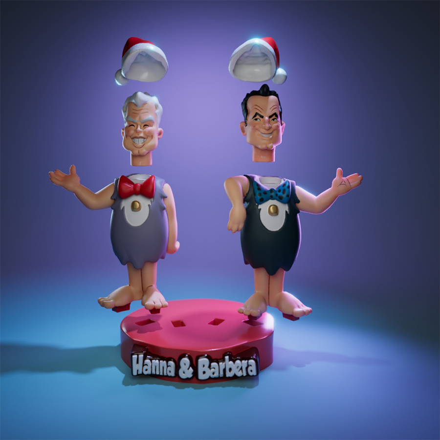 Hanna and Barbera resin figures in cartoon style wearing Christmas hats on festive base