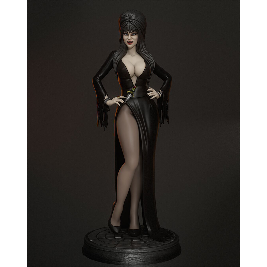Elvira 3D printed figure from Abe3D, printed by HLI3DFX with crisp detail and dynamic pose.