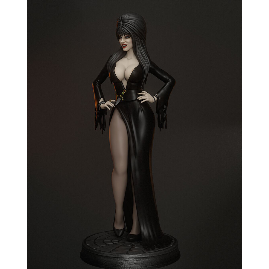 Elvira 3D printed figure from Abe3D, printed by HLI3DFX with crisp detail and dynamic pose.
