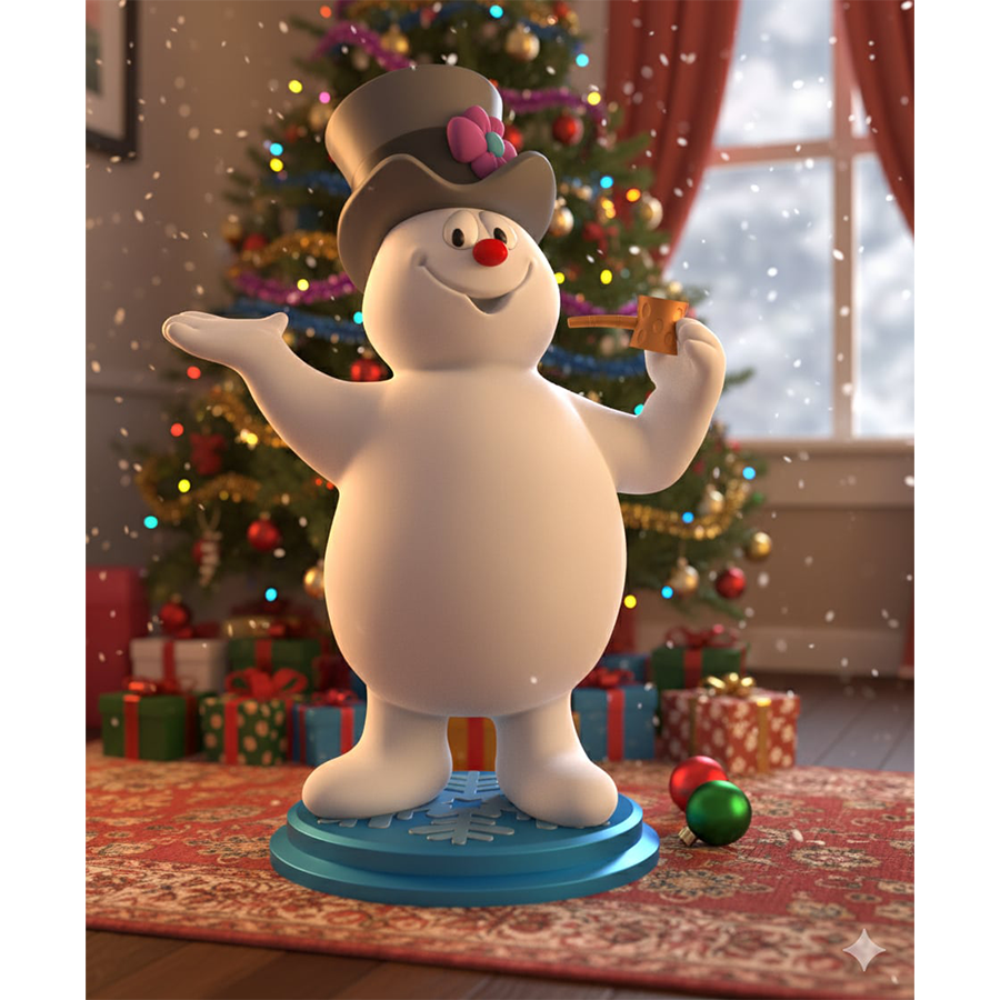 3D printed Frosty the Snowman 1/9 scale collectible figure created by HLI3DFX in high-resolution resin, inspired by the 1969 holiday cartoon.
