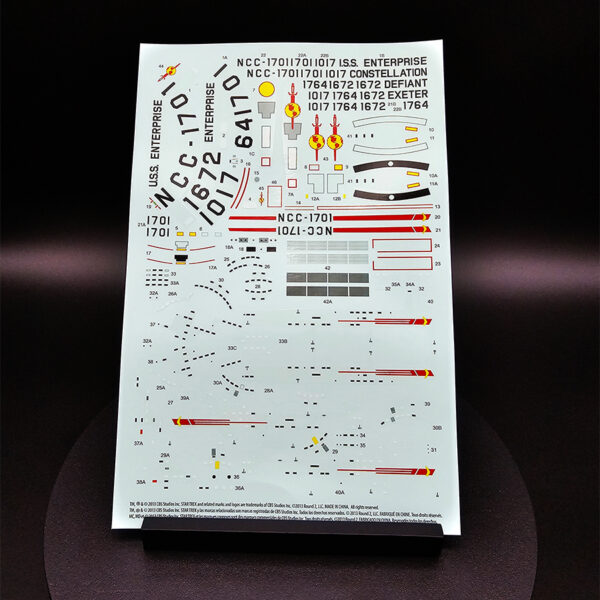 Open-box 1/1000 scale Polar Lights USS Enterprise NCC-1701 with Botany Bay model kit. Includes all parts, decals, and instructions. Missing dome base and display rod.