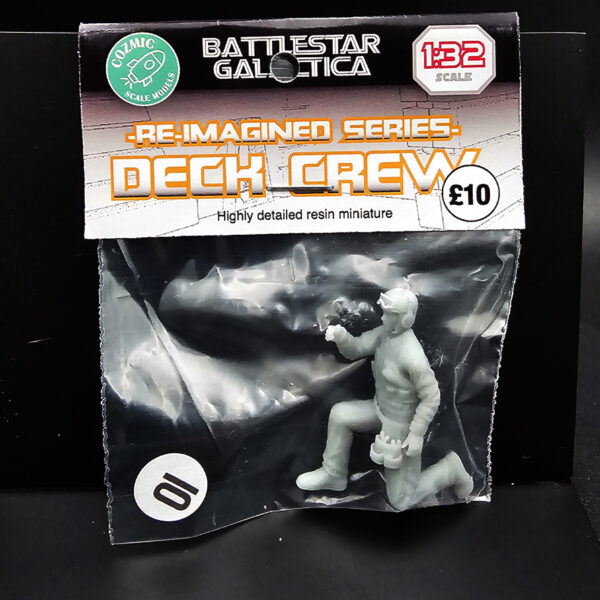 Cozmic Scale Models 1/32 BSG Re-Imagined deck crew figure set (9 figures #1–#9, #8 with creeper board), packaging and parts shown.