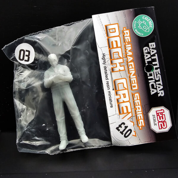Cozmic Scale Models 1/32 BSG Re-Imagined deck crew figure set (9 figures #1–#9, #8 with creeper board), packaging and parts shown.
