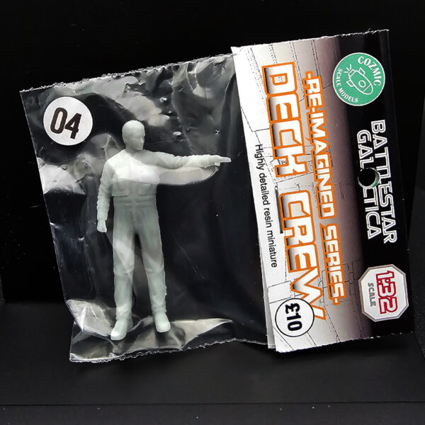 Cozmic Scale Models 1/32 BSG Re-Imagined deck crew figure set (9 figures #1–#9, #8 with creeper board), packaging and parts shown.