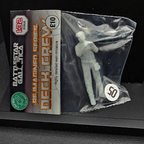 Cozmic Scale Models 1/32 BSG Re-Imagined deck crew figure set (9 figures #1–#9, #8 with creeper board), packaging and parts shown.