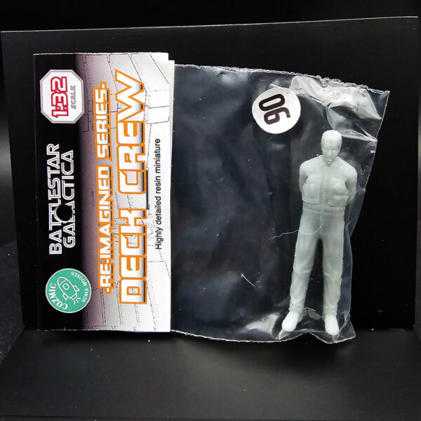 Cozmic Scale Models 1/32 BSG Re-Imagined deck crew figure set (9 figures #1–#9, #8 with creeper board), packaging and parts shown.