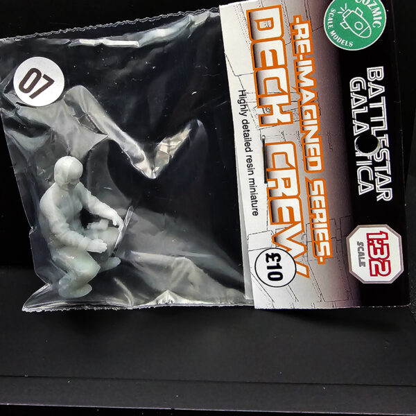 Cozmic Scale Models 1/32 BSG Re-Imagined deck crew figure set (9 figures #1–#9, #8 with creeper board), packaging and parts shown.