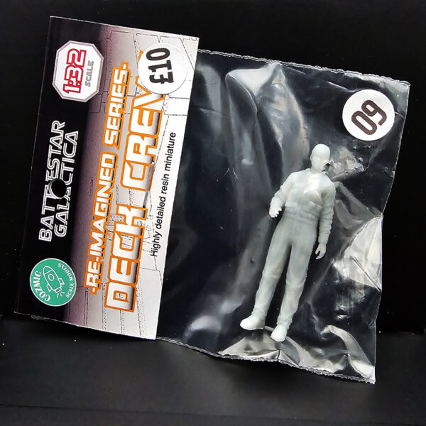 Cozmic Scale Models 1/32 BSG Re-Imagined deck crew figure set (9 figures #1–#9, #8 with creeper board), packaging and parts shown.