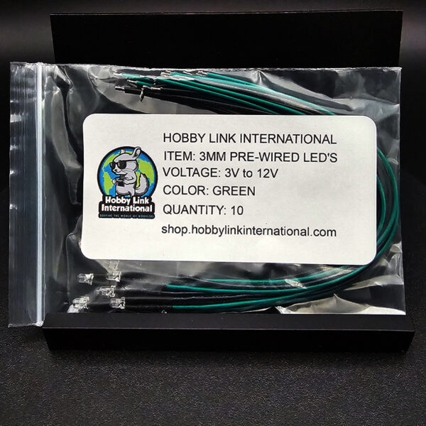 3mm pre-wired pre-resistored green LEDs 3V to 12V quantity 10
