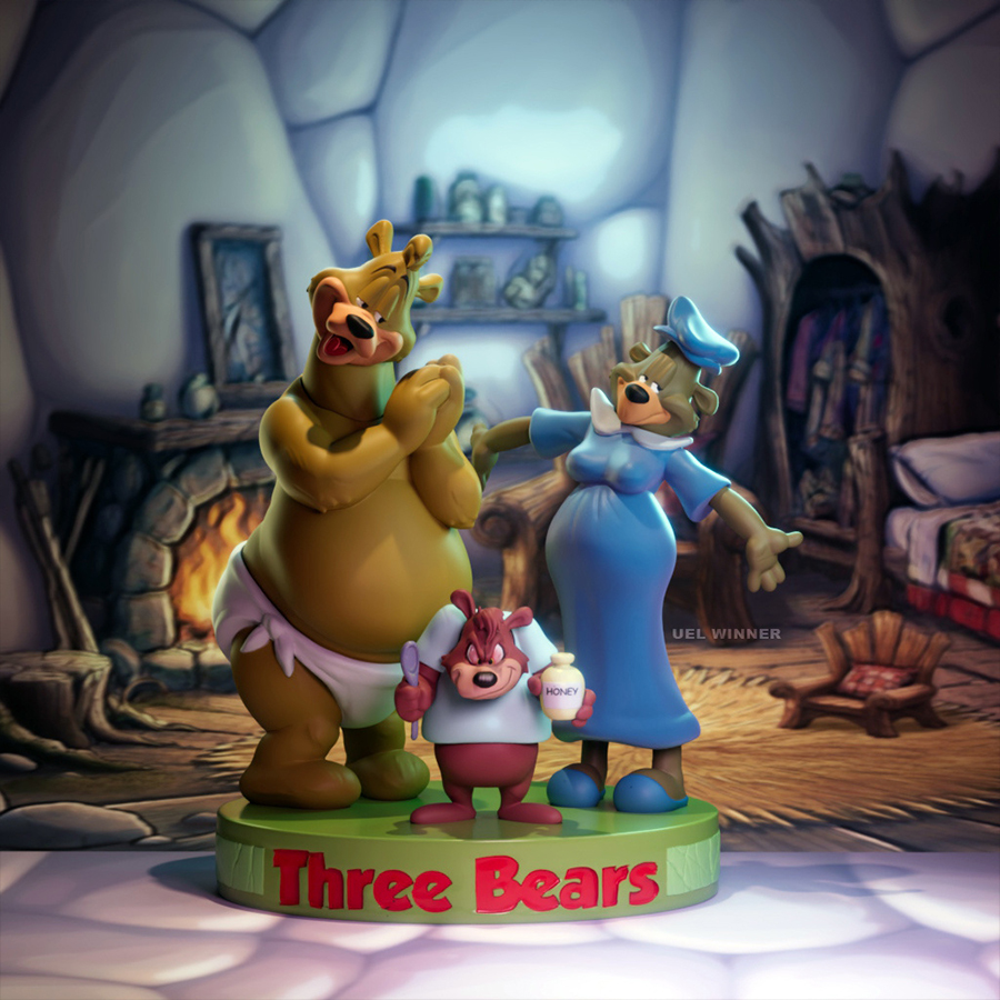 The Three Bears stylized cartoon resin print diorama by UEL Winner, made to order.