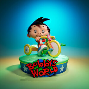Bobby’s World cartoon-style resin 3D print figure riding a tricycle on a display base