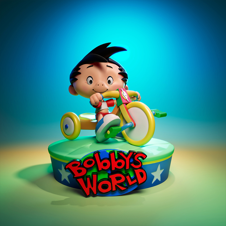 Bobby’s World cartoon-style resin 3D print figure riding a tricycle on a display base