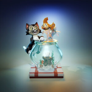 Figaro and Cleo resin print diorama by UEL Winner featuring a kitten on a fishbowl with a leaping goldfish