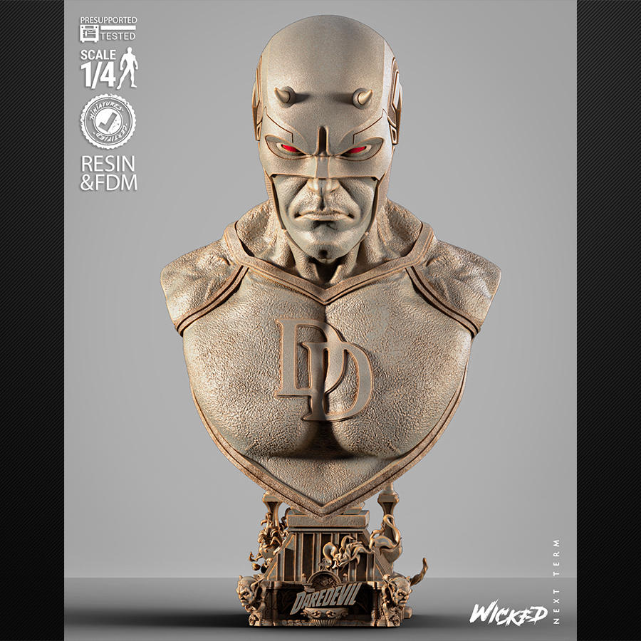 High-resolution 3D printed Daredevil portrait bust, Marvel fan art resin model by Wicked 3D with horned helmet and billy club details